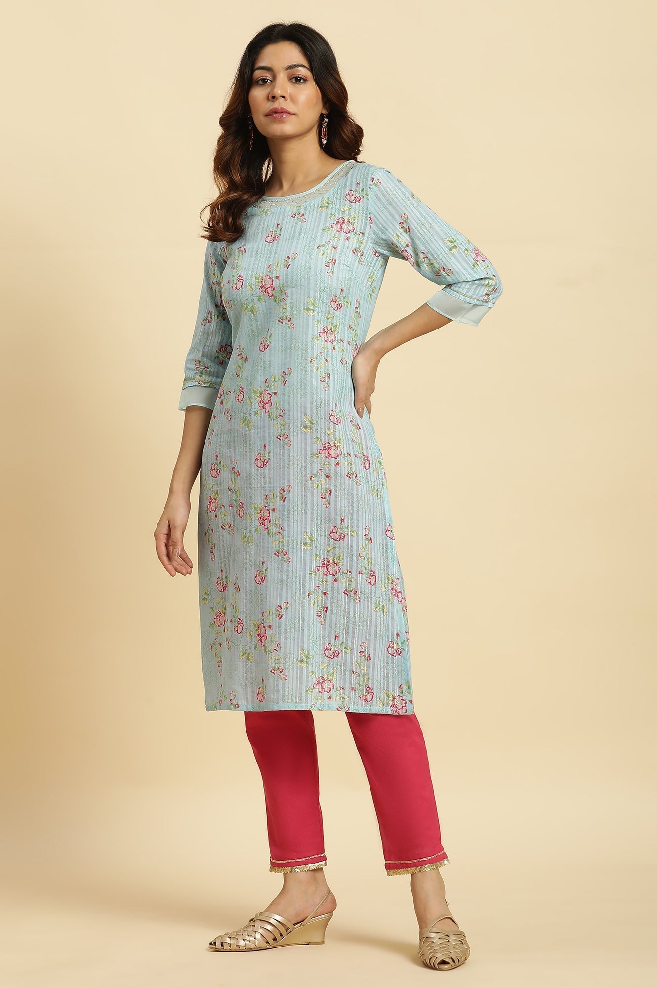 W for Woman Blue Floral Printed Light Festive Kurta