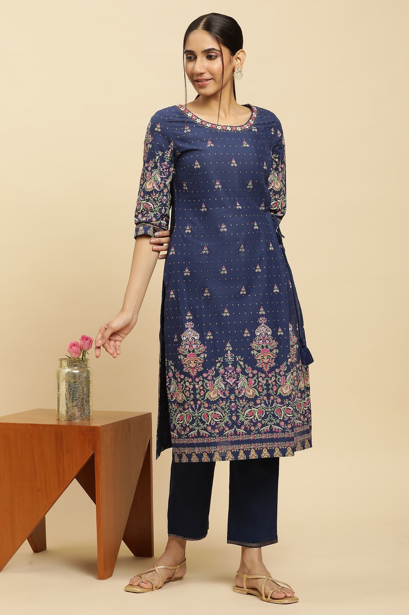 W for Woman Blue Printed Festive Kurta wirh Side Tie-up Design