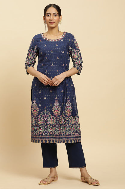 W for Woman Blue Printed Festive Kurta wirh Side Tie-up Design