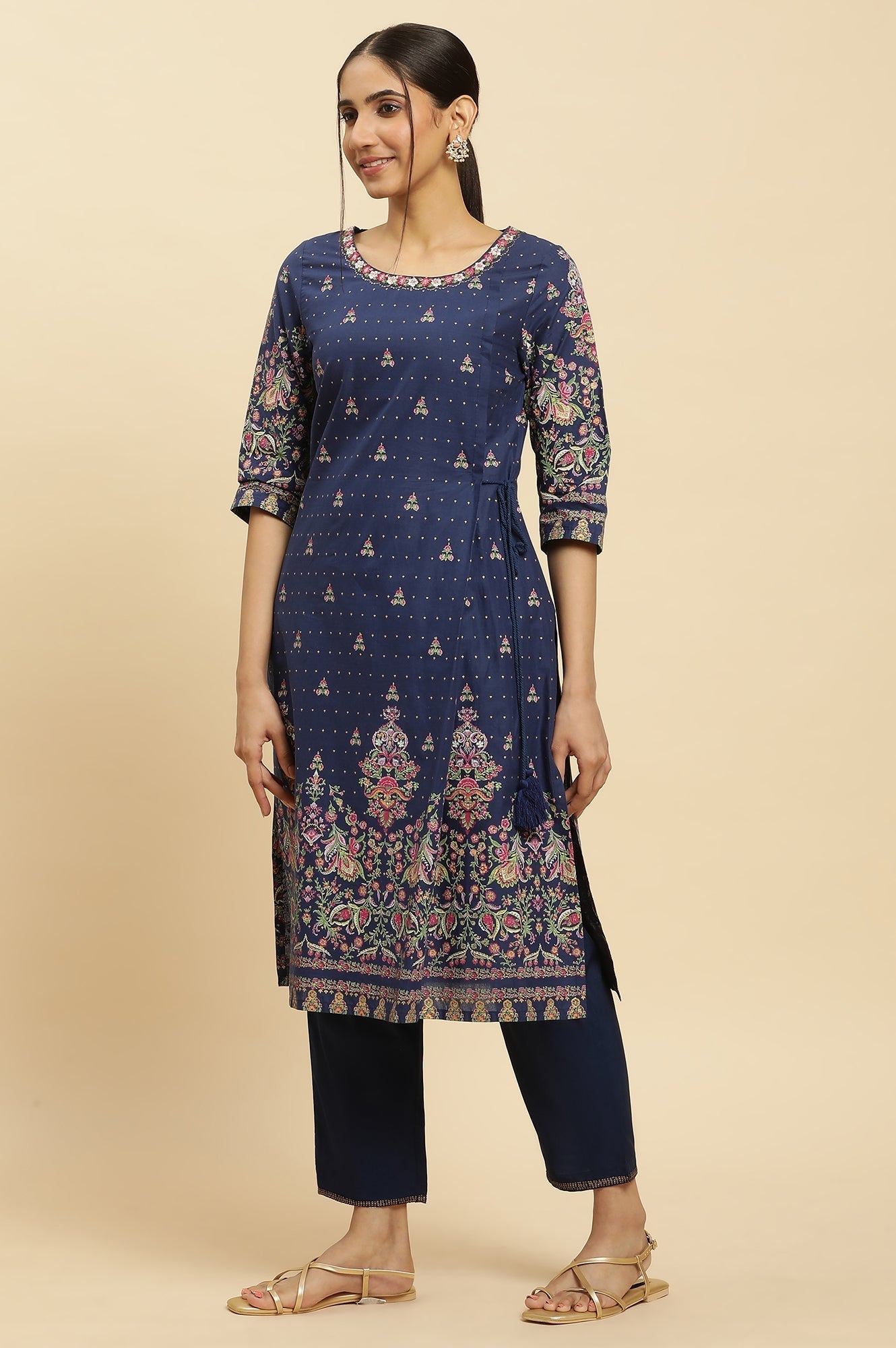 W for Woman Blue Printed Festive Kurta wirh Side Tie-up Design