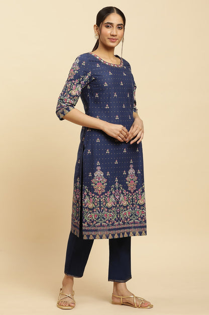 W for Woman Blue Printed Festive Kurta wirh Side Tie-up Design