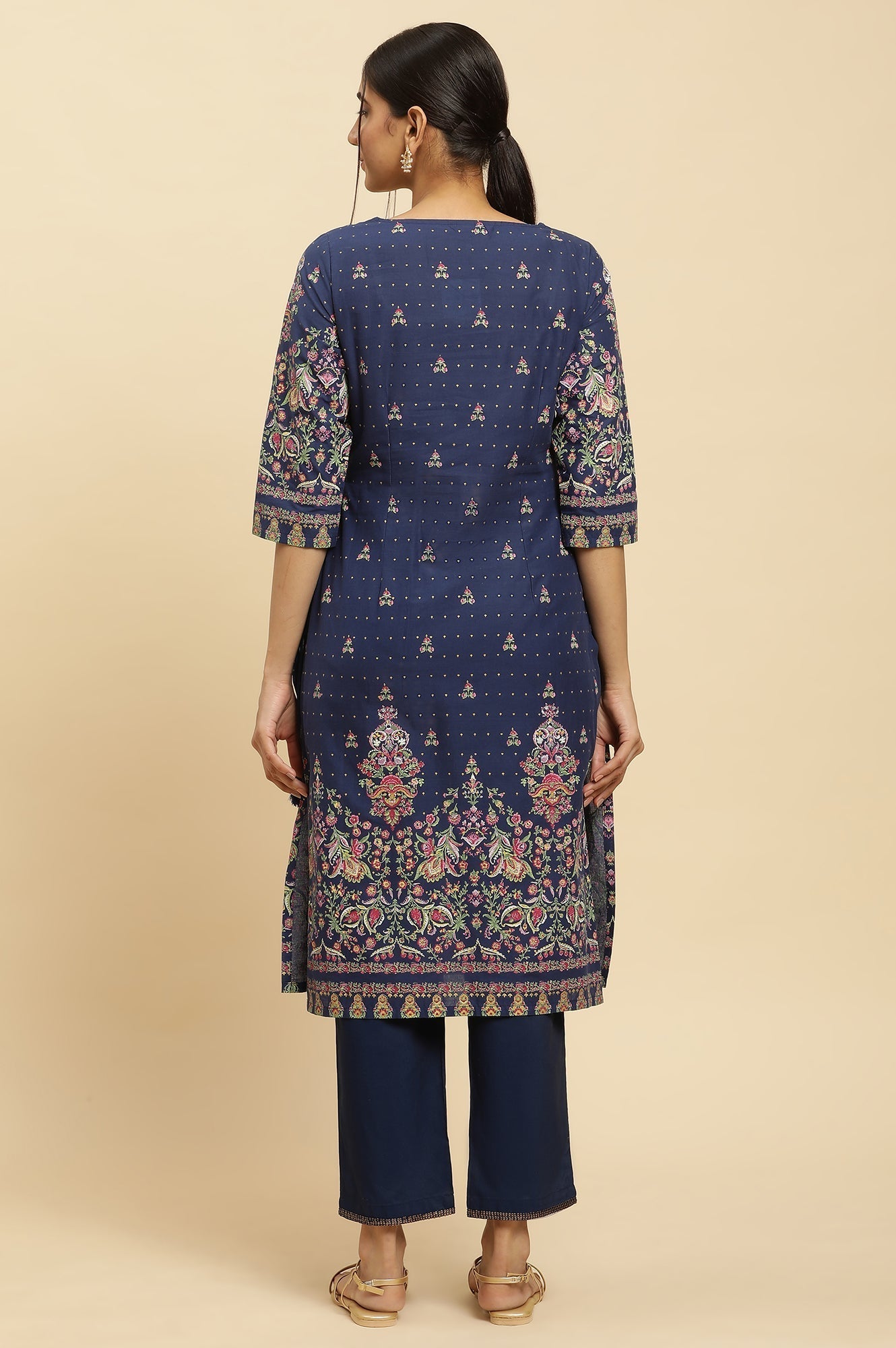 W for Woman Blue Printed Festive Kurta wirh Side Tie-up Design