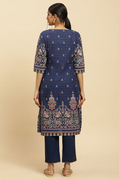 W for Woman Blue Printed Festive Kurta wirh Side Tie-up Design