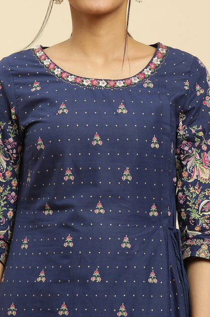 W for Woman Blue Printed Festive Kurta wirh Side Tie-up Design