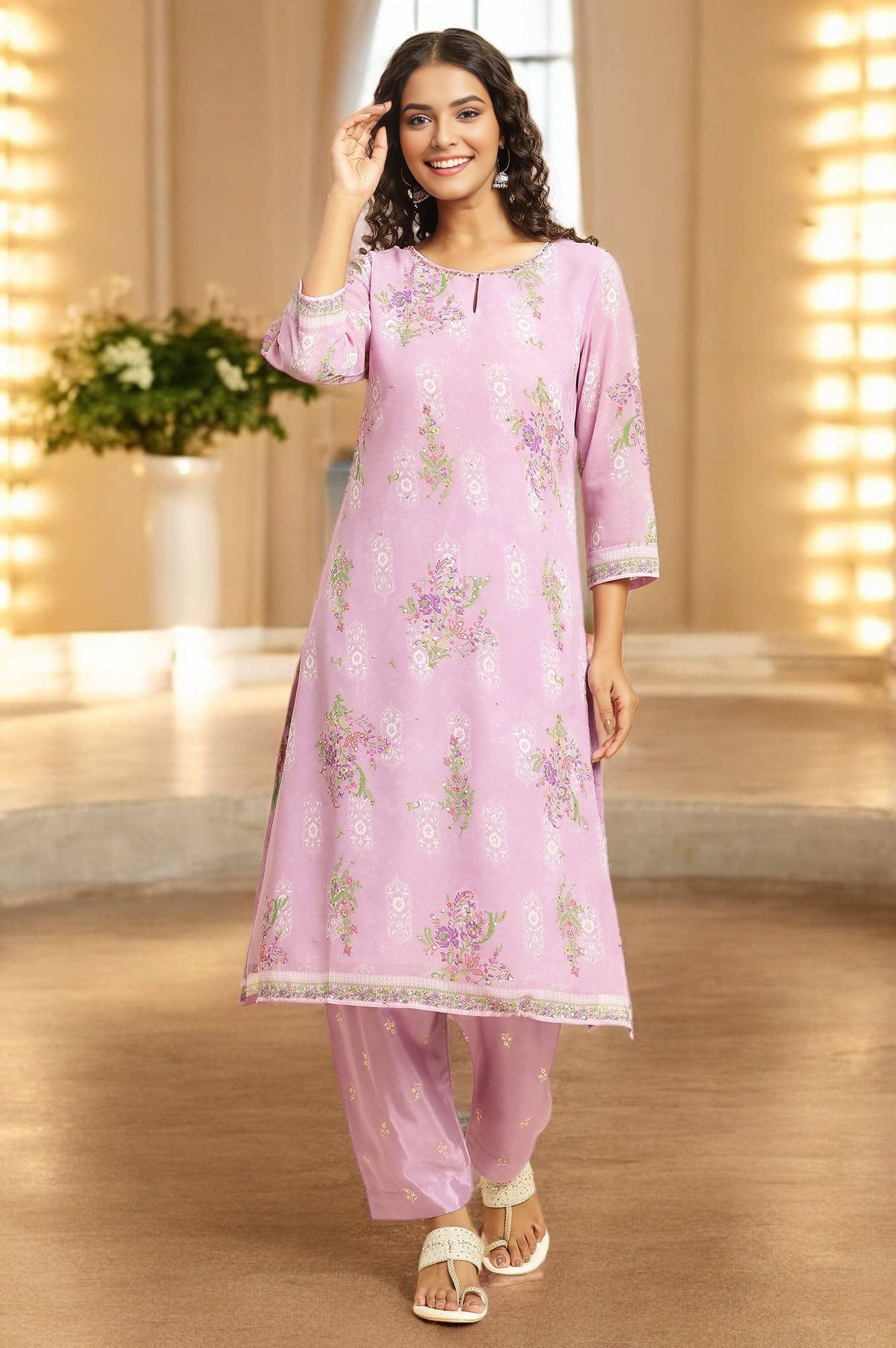 W for Woman Purple Floral Printed Metallic Sequined Organza Festive Straight Kurta