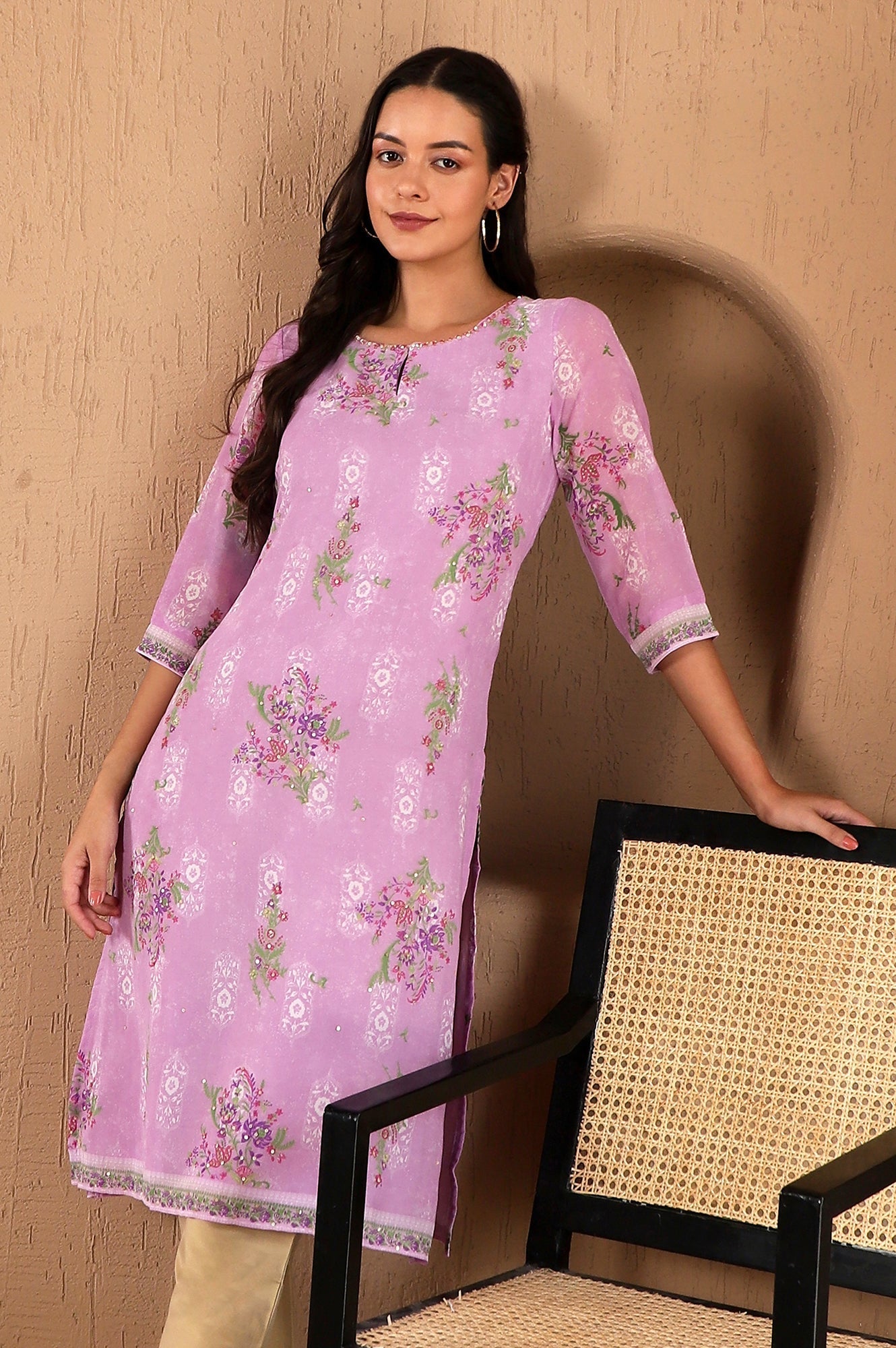 W for Woman Purple Floral Printed Metallic Sequined Organza Festive Straight Kurta