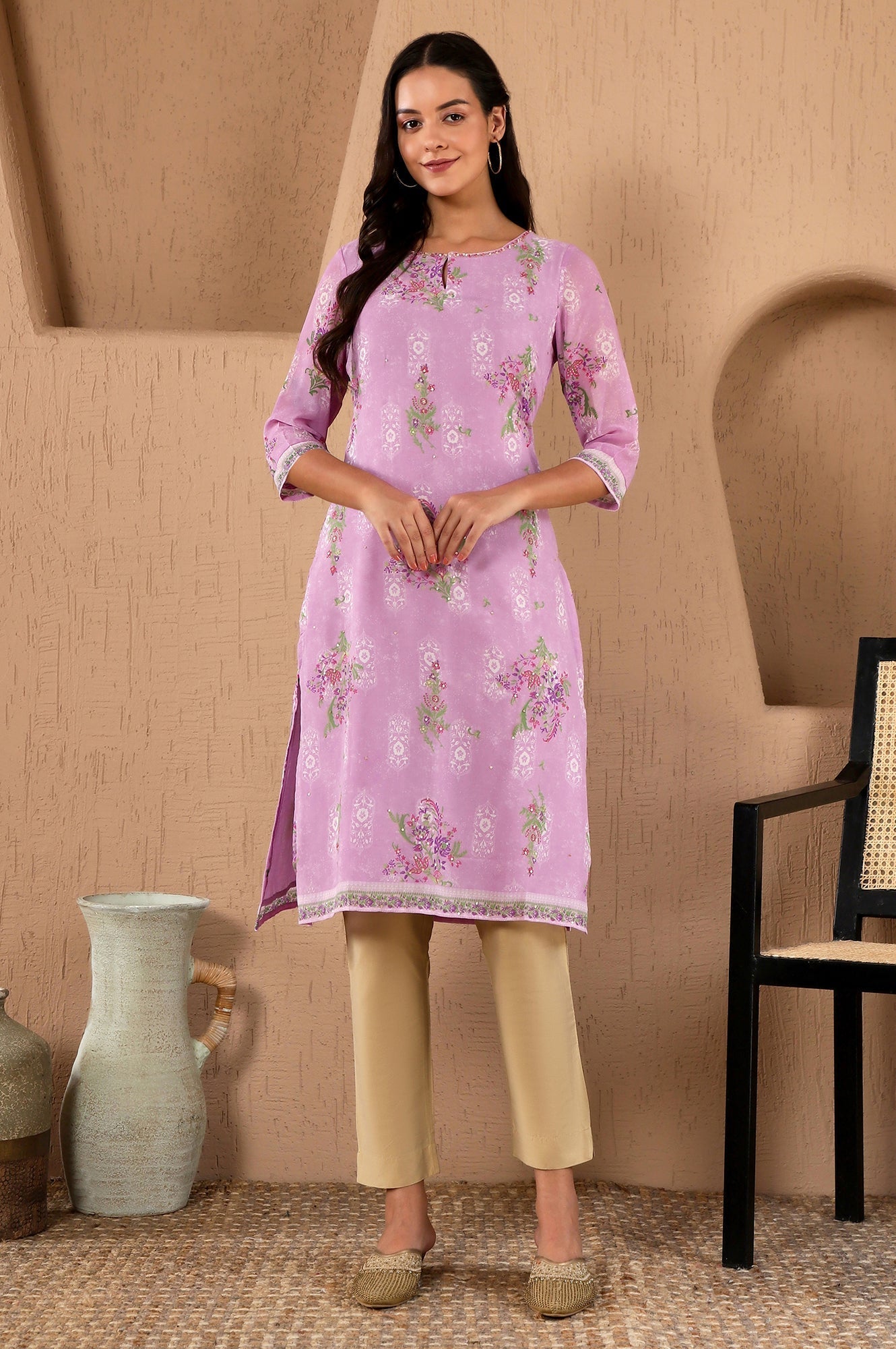 W for Woman Purple Floral Printed Metallic Sequined Organza Festive Straight Kurta
