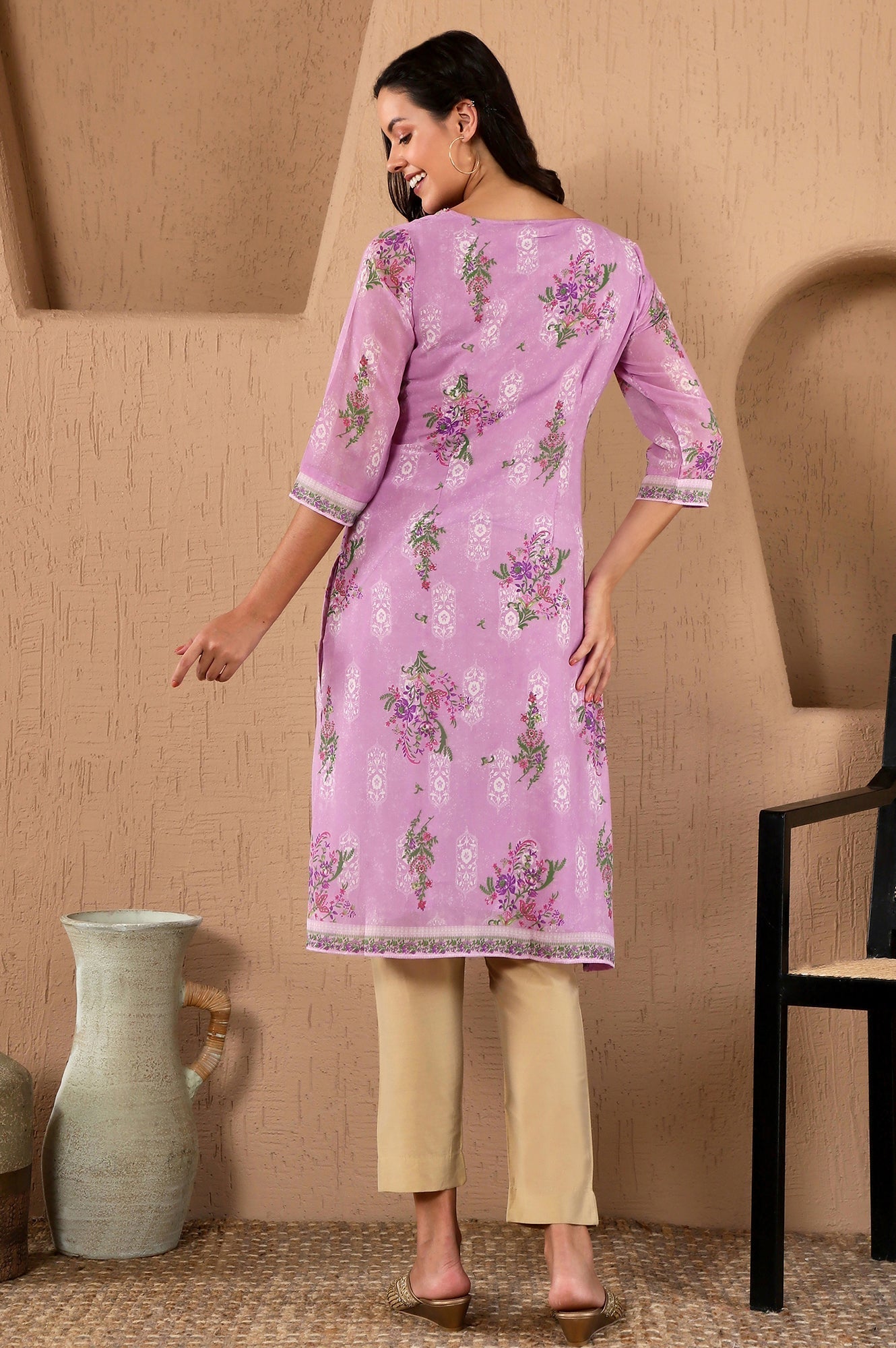 W for Woman Purple Floral Printed Metallic Sequined Organza Festive Straight Kurta