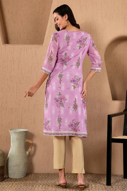 W for Woman Purple Floral Printed Metallic Sequined Organza Festive Straight Kurta