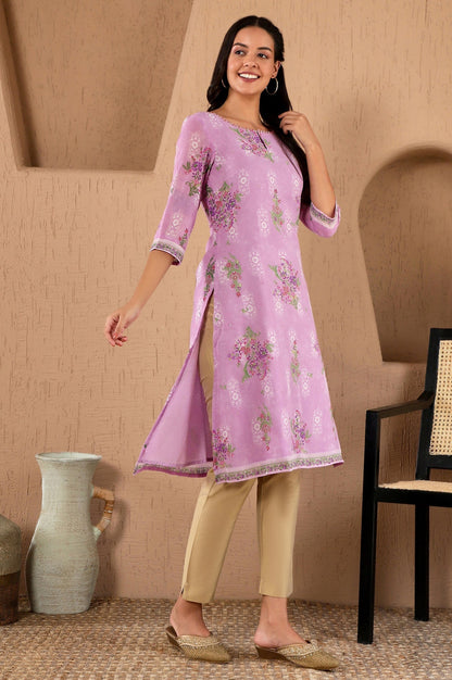W for Woman Purple Floral Printed Metallic Sequined Organza Festive Straight Kurta