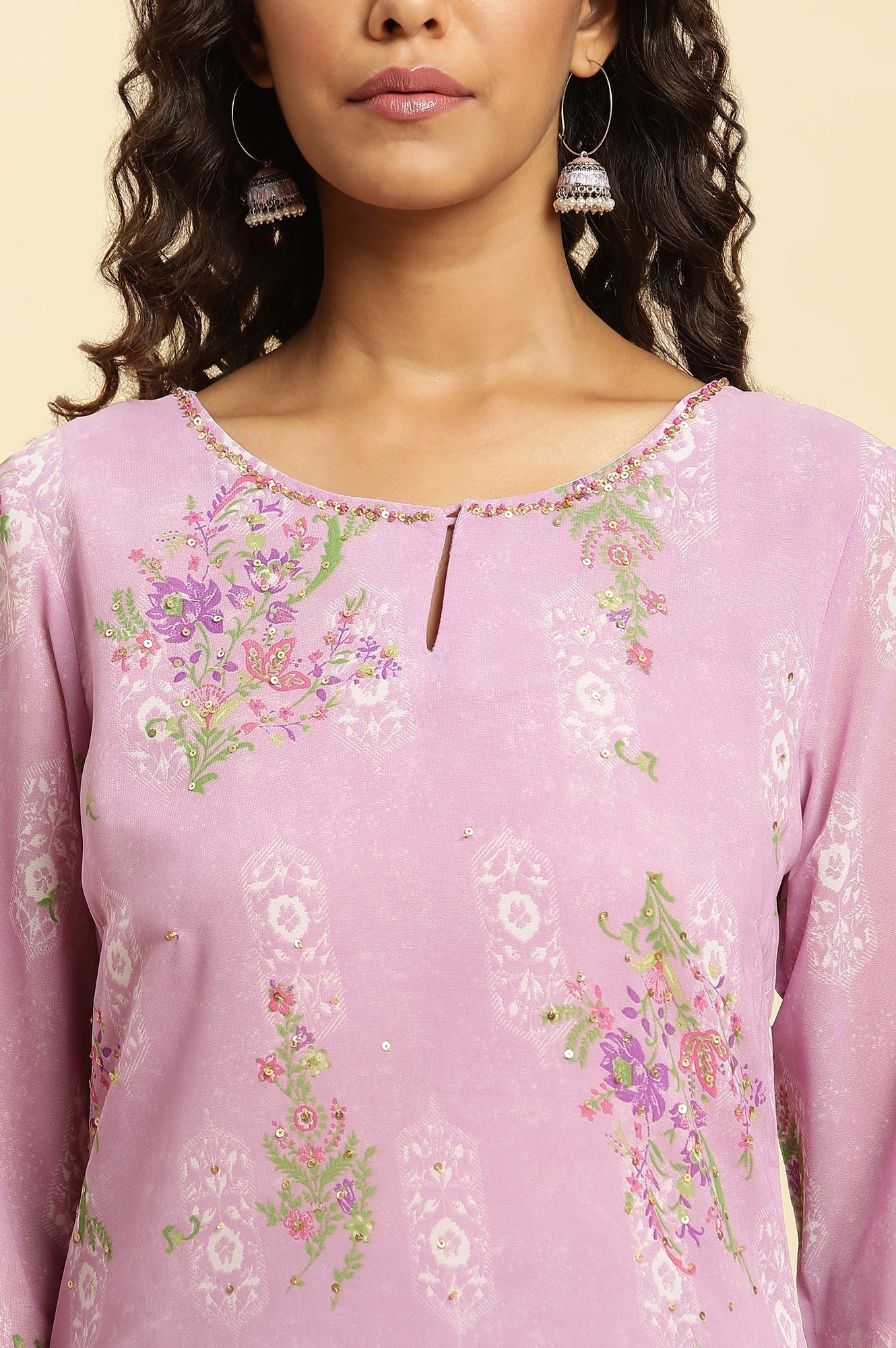 W for Woman Purple Floral Printed Sequins Georgette Straight Kurta and Parallel Pant Set