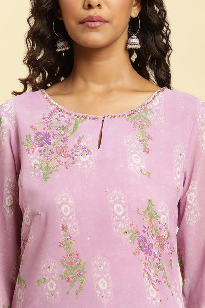 W for Woman Purple Floral Printed Sequins Georgette Straight Kurta and Parallel Pant Set