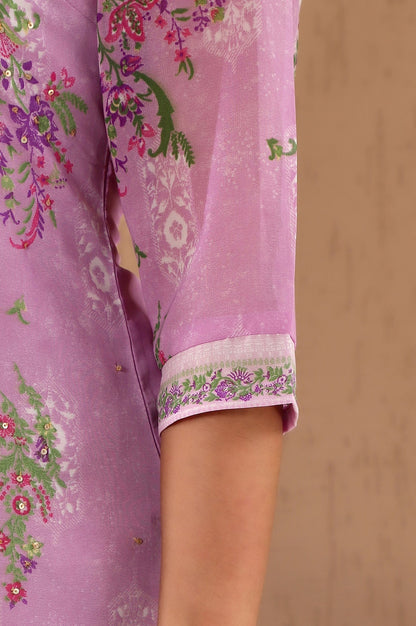 W for Woman Purple Floral Printed Metallic Sequined Organza Festive Straight Kurta