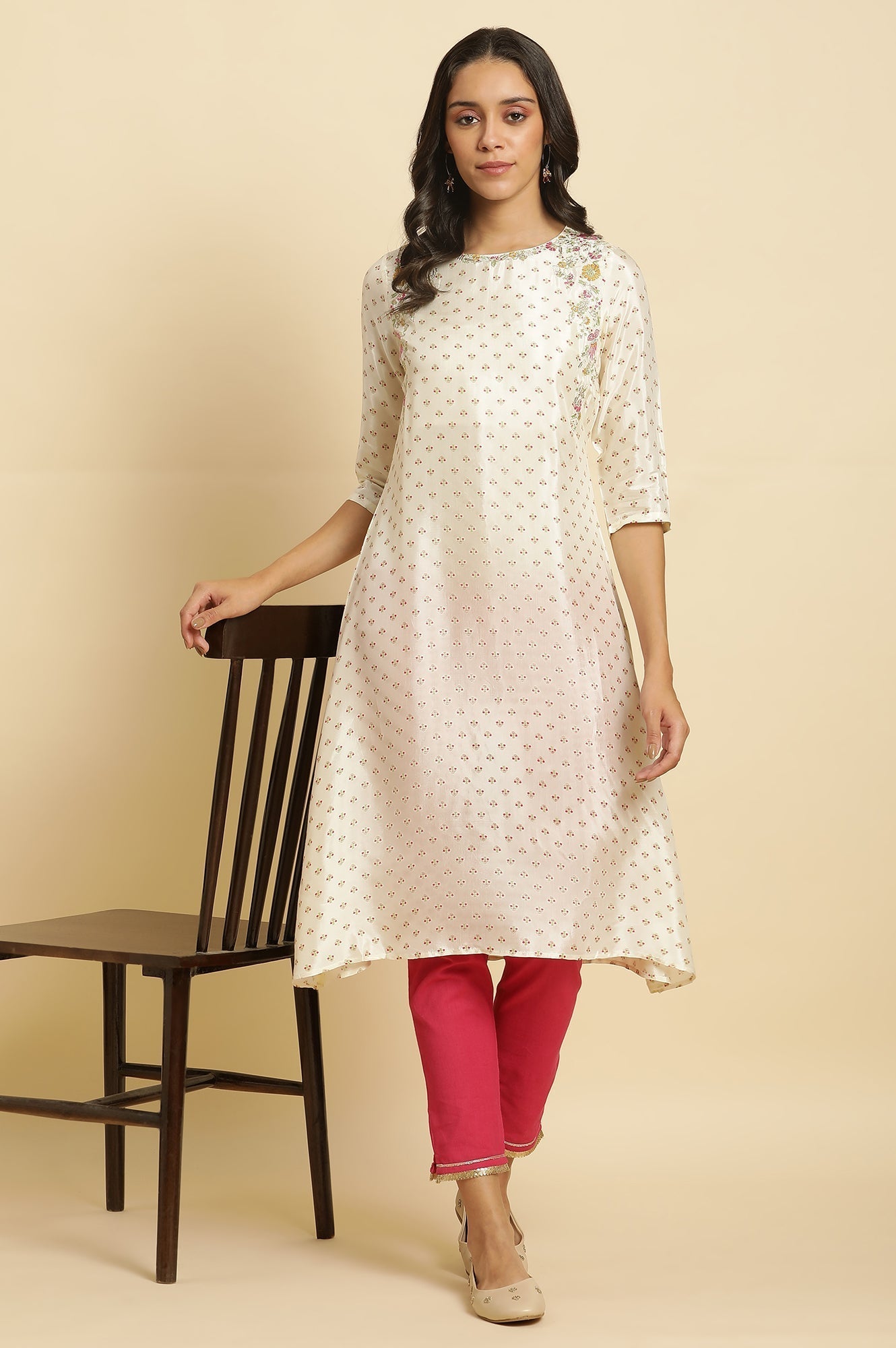 W for Woman Ecru A-line Embroidered Festive Kurta