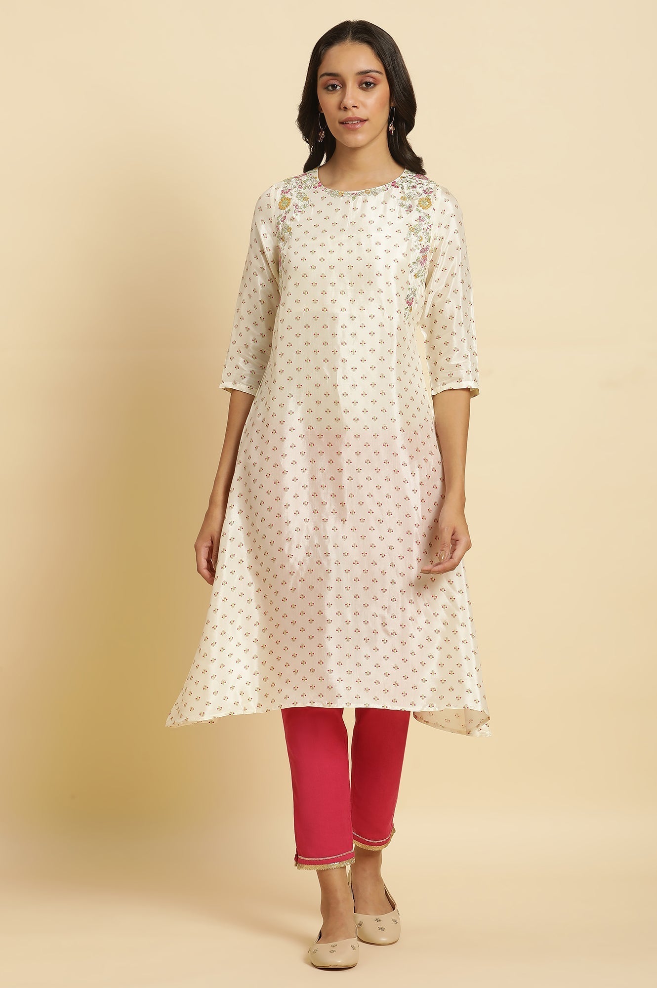 W for Woman Ecru A-line Embroidered Festive Kurta