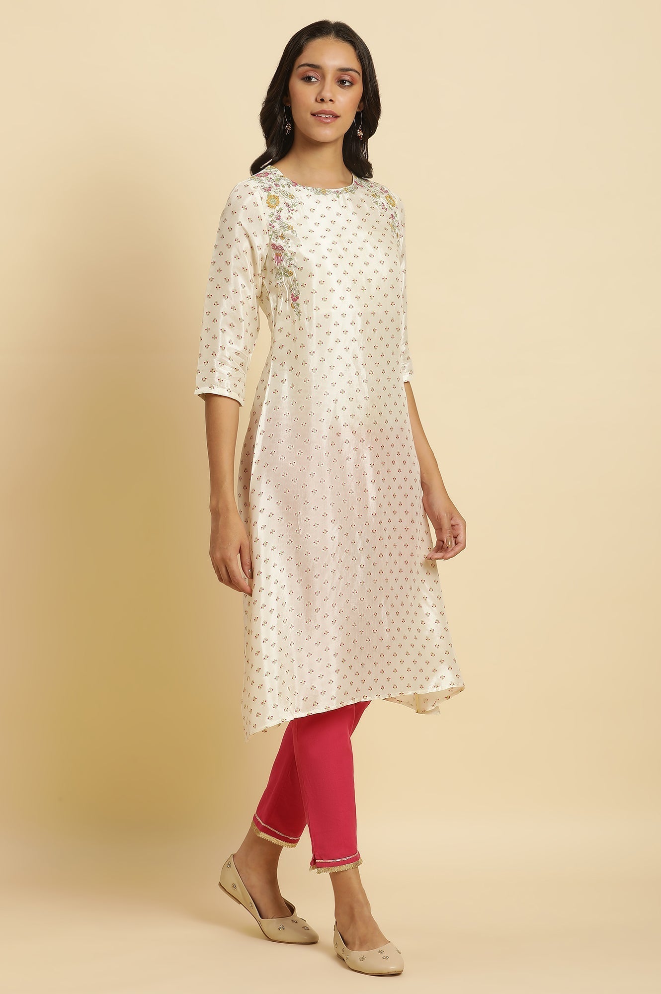 W for Woman Ecru A-line Embroidered Festive Kurta