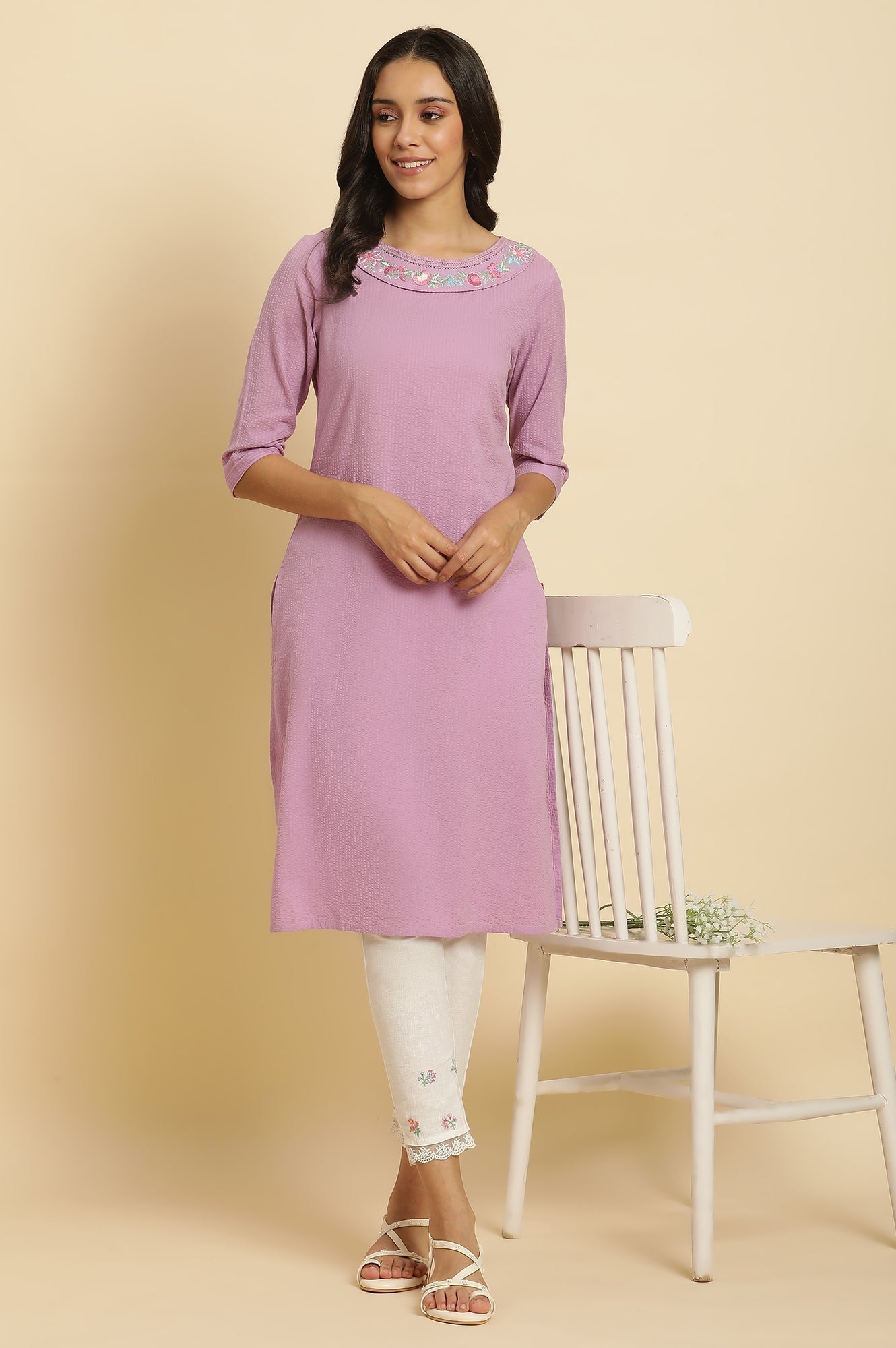 W for Woman Light Purple Seer Sucker Embroidered Kurta