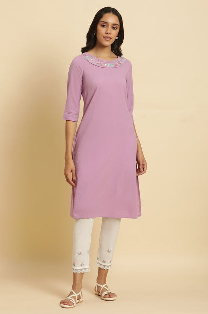 W for Woman Light Purple Seer Sucker Embroidered Kurta