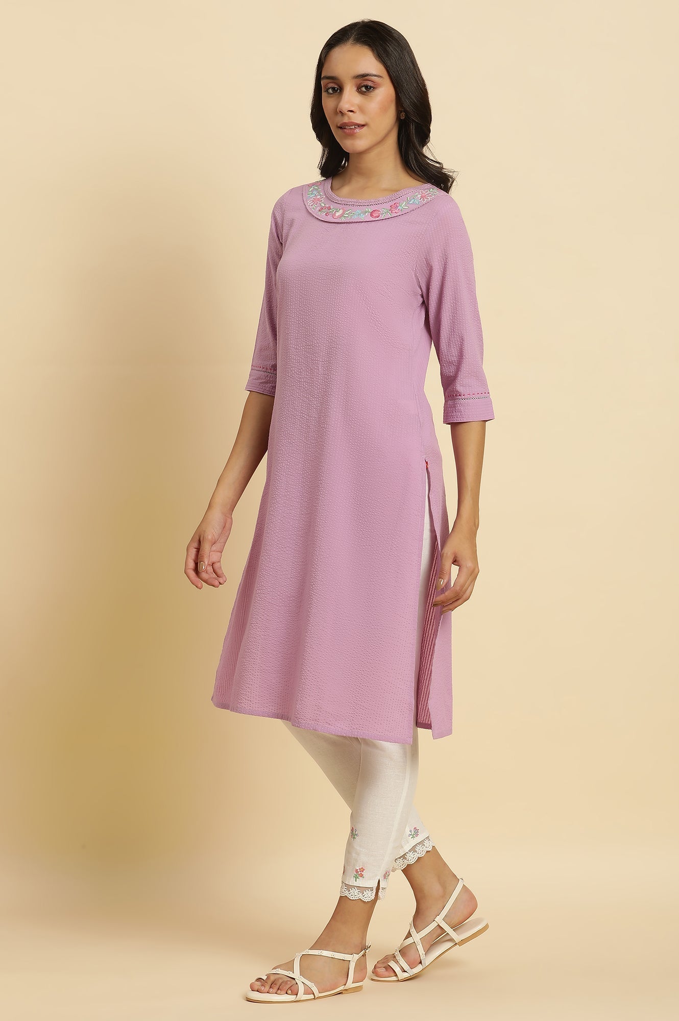 W for Woman Light Purple Seer Sucker Embroidered Kurta