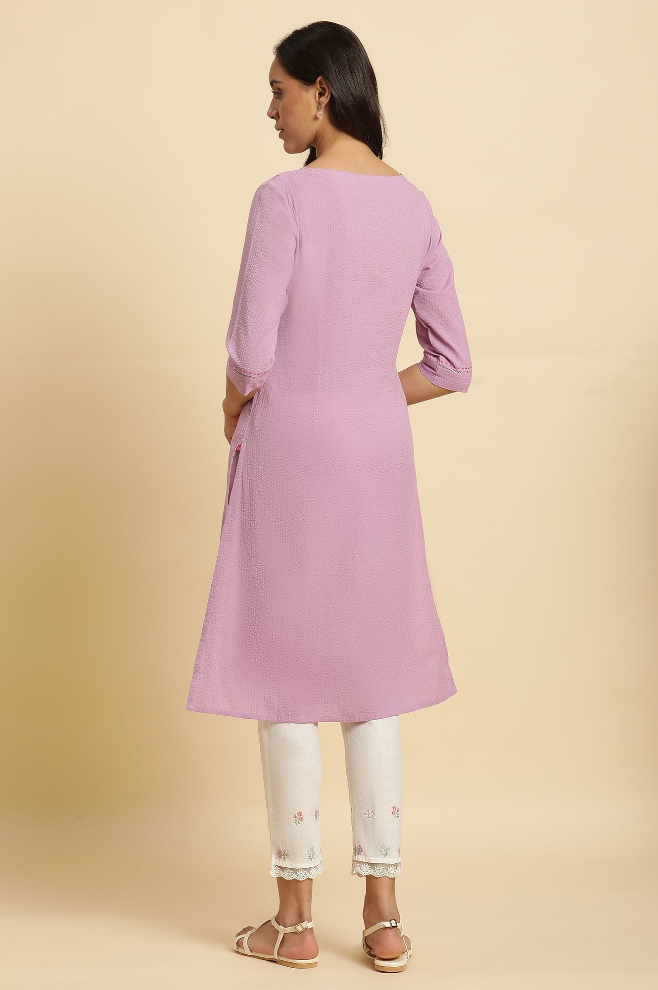 W for Woman Light Purple Seer Sucker Embroidered Kurta