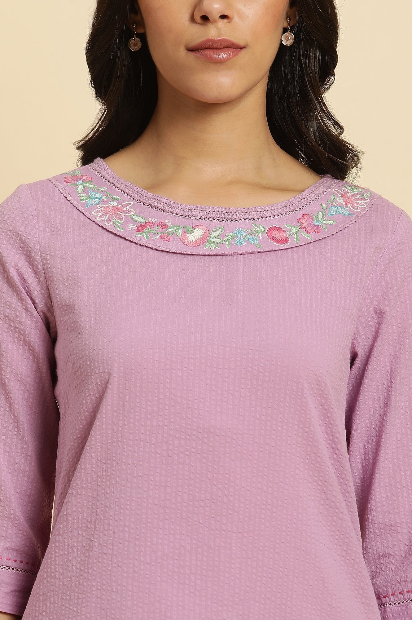 W for Woman Light Purple Seer Sucker Embroidered Kurta