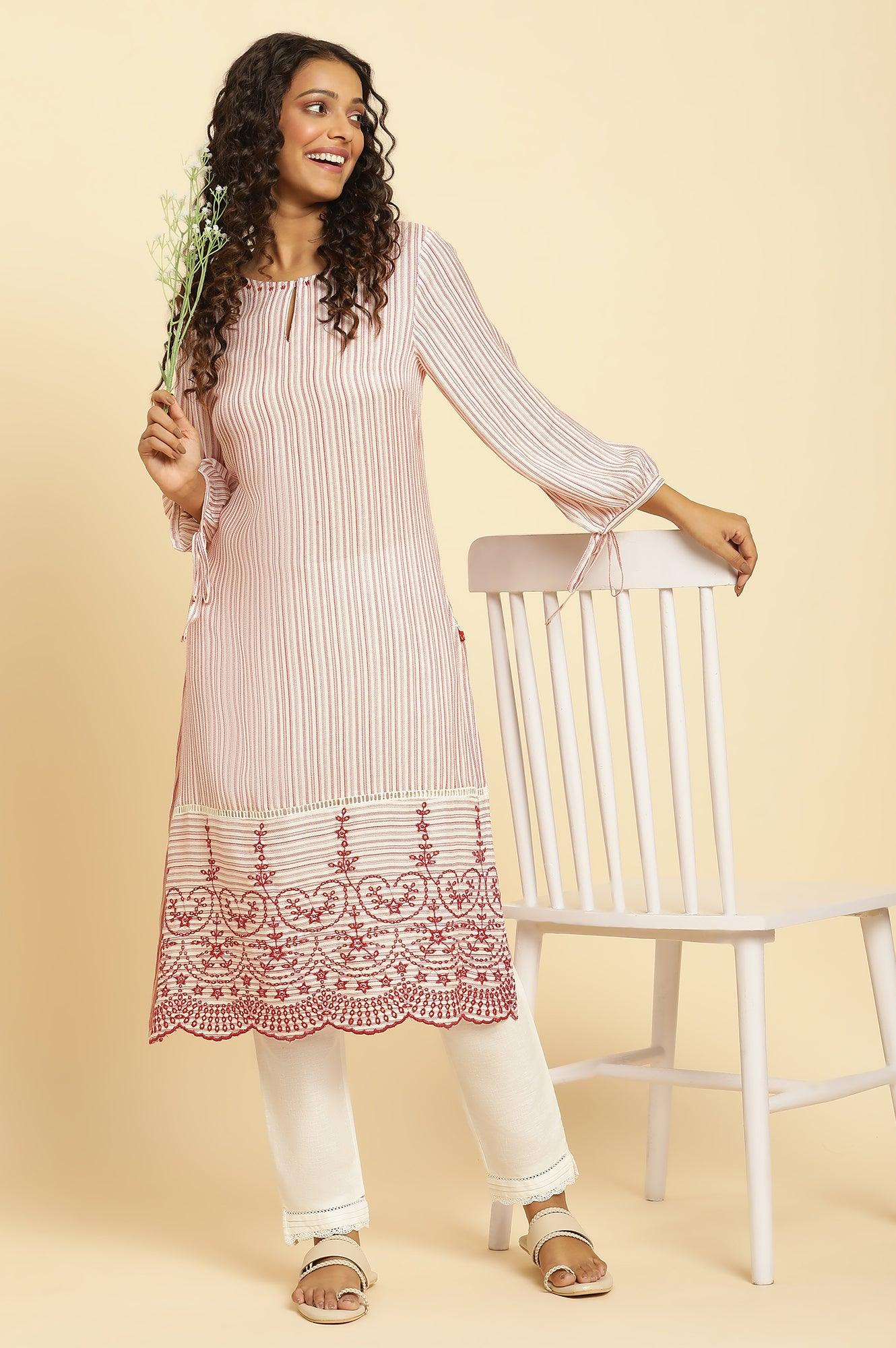 W for Woman Red and White Striped Schiffli Embroidered Straight Kurta