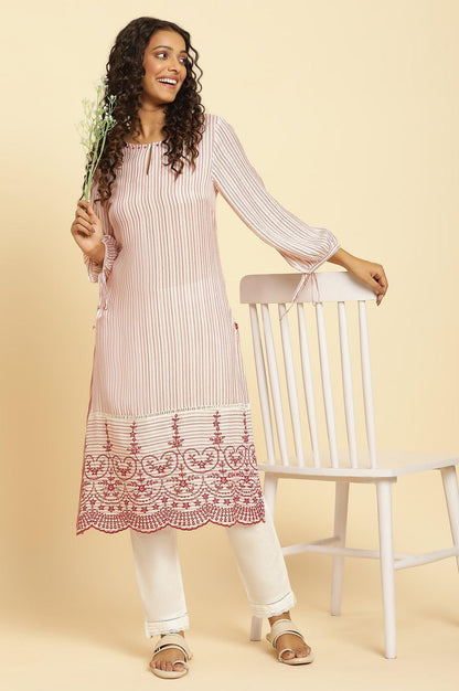 W for Woman Red and White Striped Schiffli Embroidered Straight Kurta