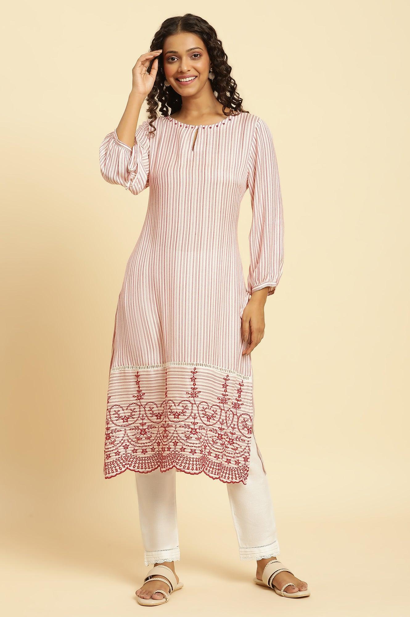 W for Woman Red and White Striped Schiffli Embroidered Straight Kurta