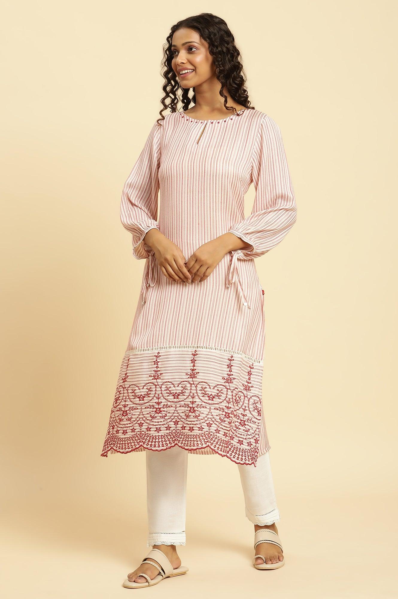 W for Woman Red and White Striped Schiffli Embroidered Straight Kurta