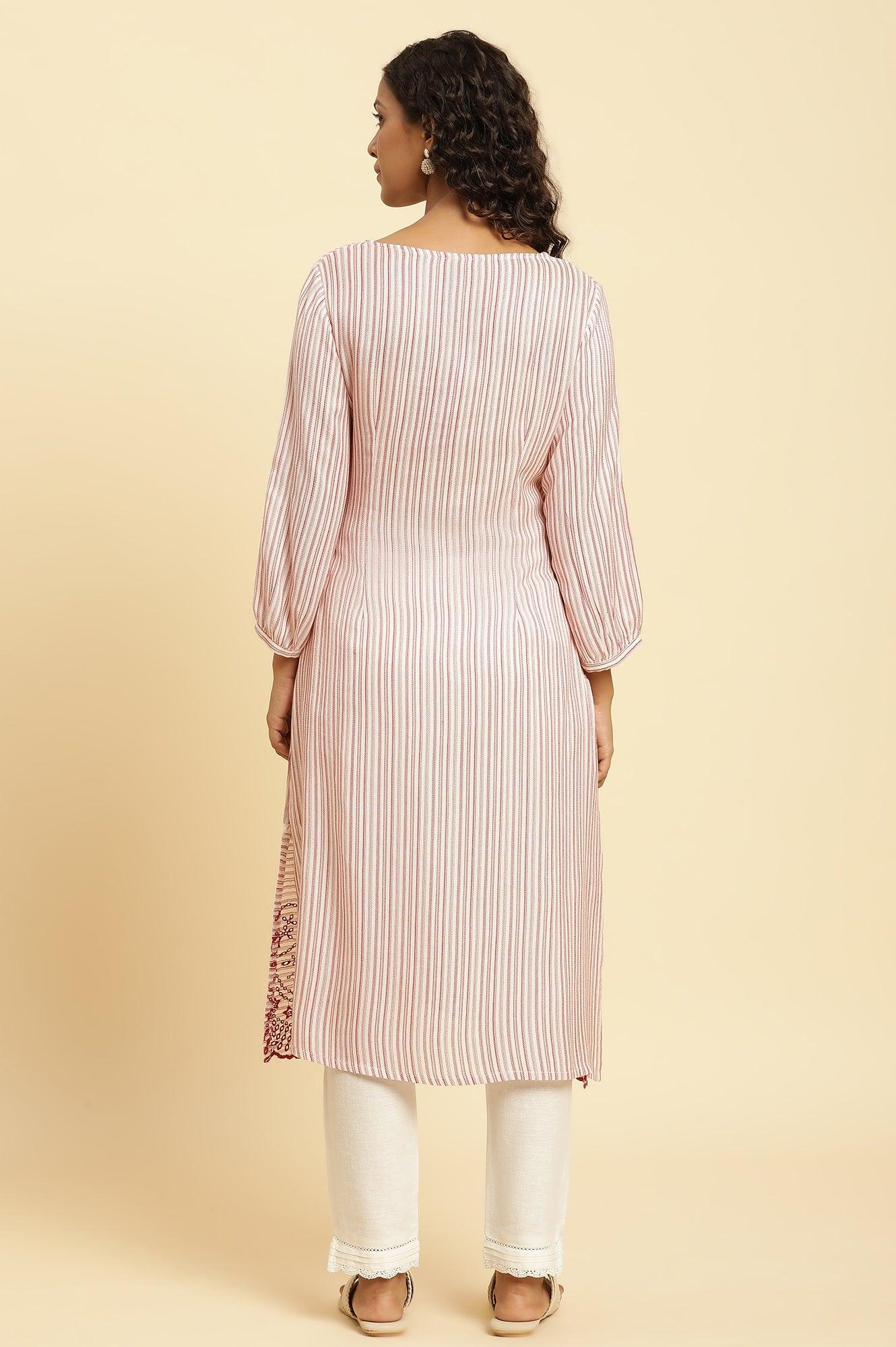 W for Woman Red and White Striped Schiffli Embroidered Straight Kurta