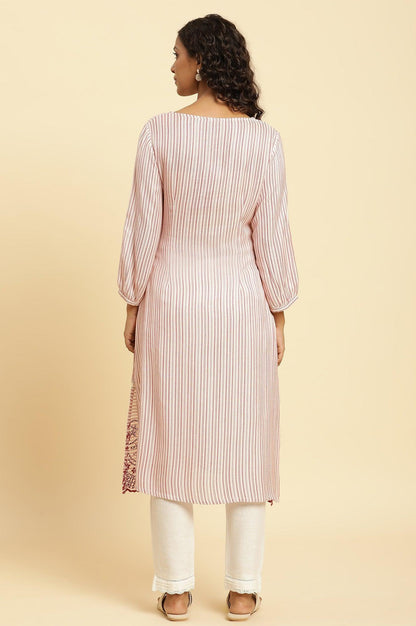 W for Woman Red and White Striped Schiffli Embroidered Straight Kurta