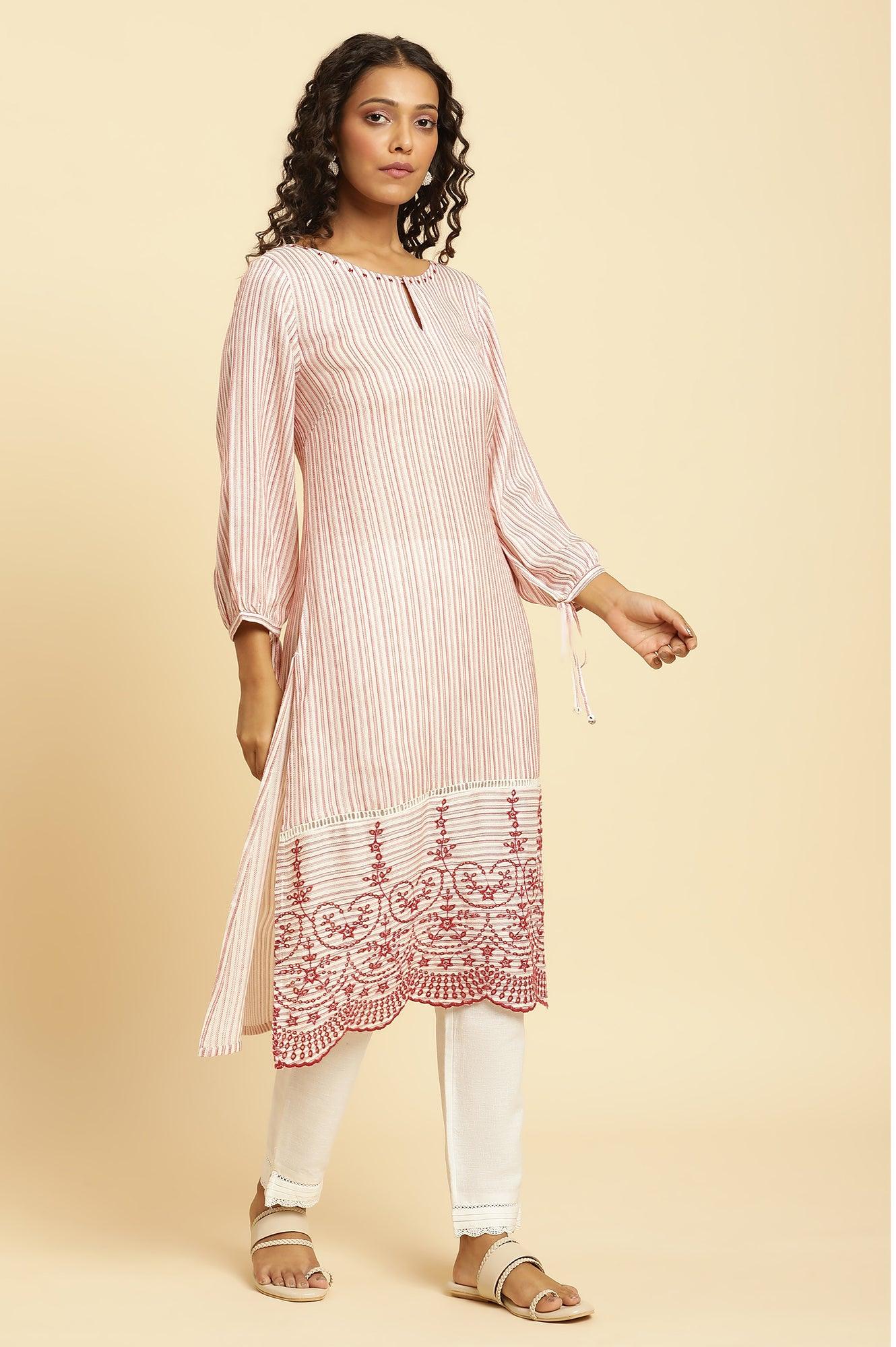 W for Woman Red and White Striped Schiffli Embroidered Straight Kurta