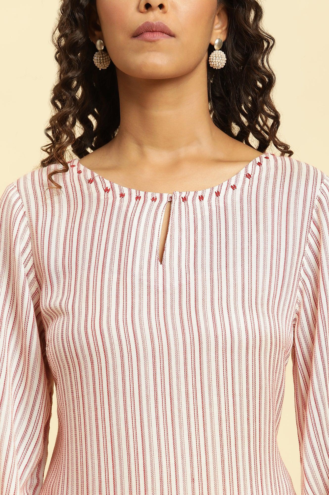 W for Woman Red and White Striped Schiffli Embroidered Straight Kurta