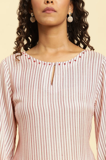 W for Woman White Striped Schiffli Rayon Dobby Straight Kurta and Slim Pant Set