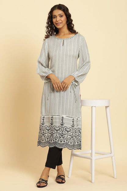W for Woman White and Black Striped Schiffli Embroidered Straight Kurta