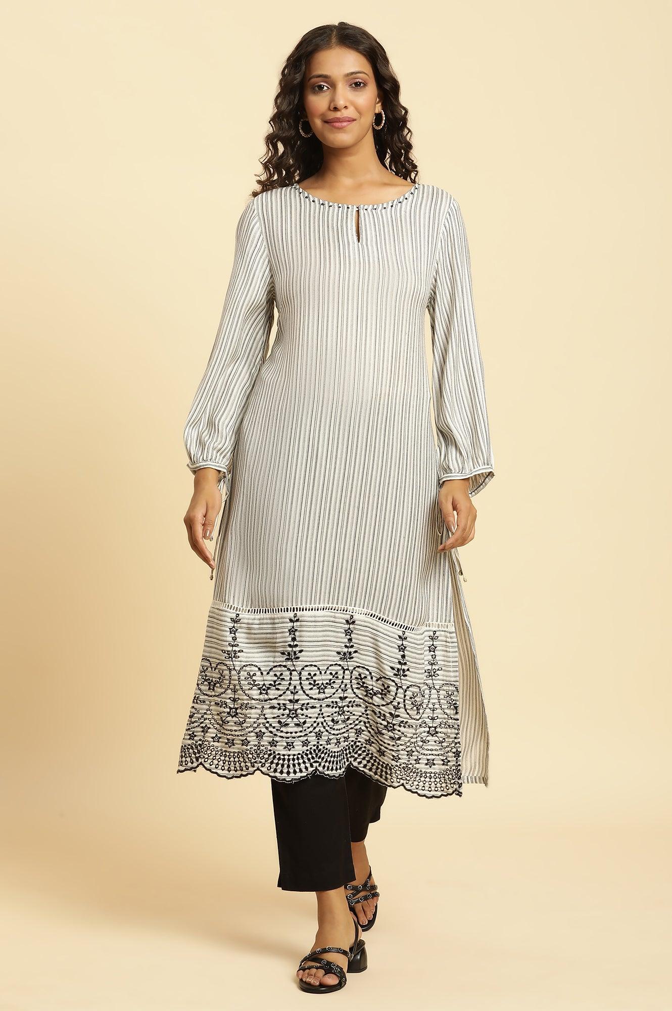 W for Woman White and Black Striped Schiffli Embroidered Straight Kurta
