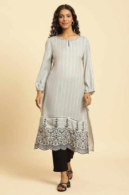 W for Woman White and Black Striped Schiffli Embroidered Straight Kurta