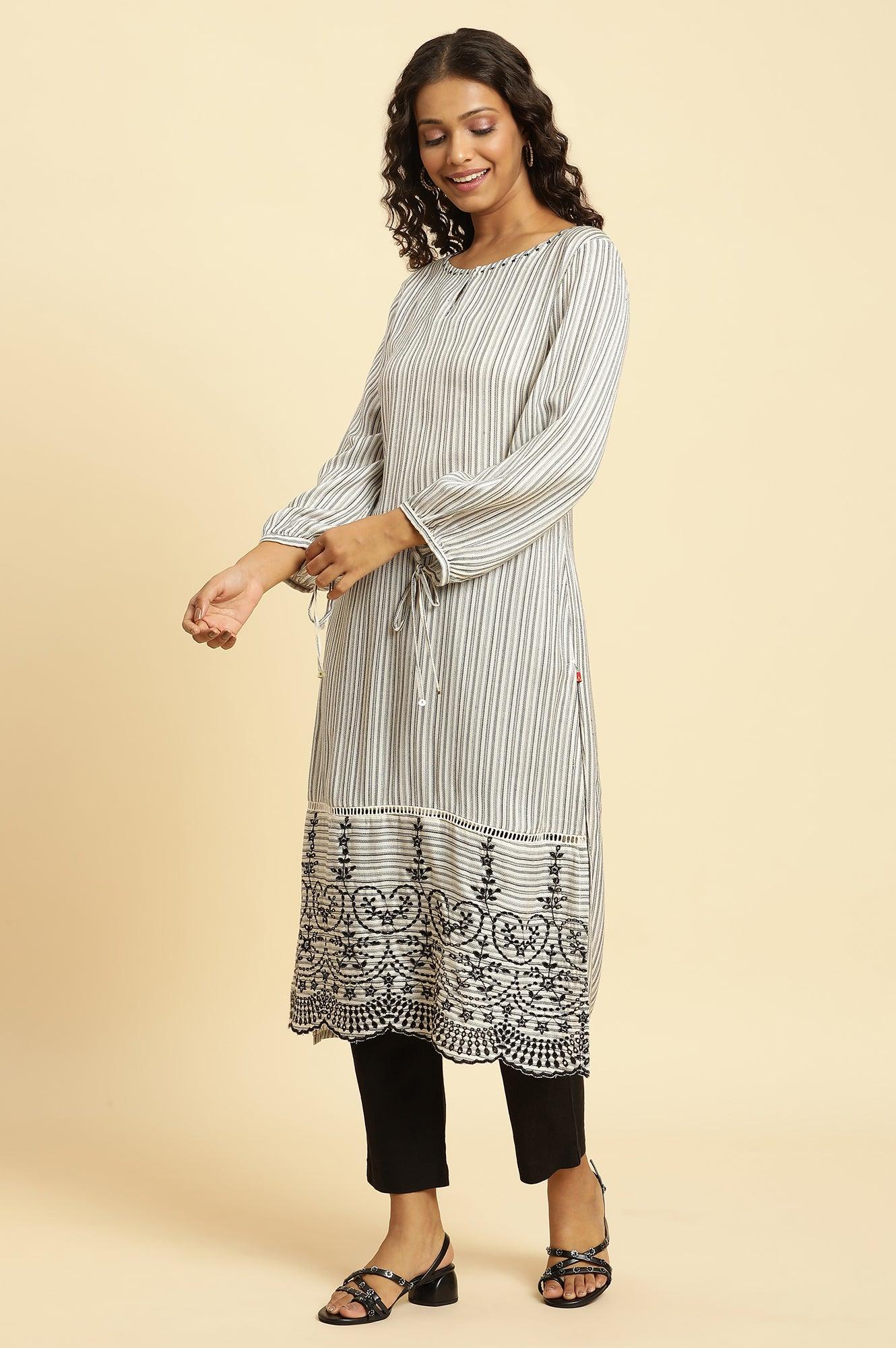 W for Woman White and Black Striped Schiffli Embroidered Straight Kurta