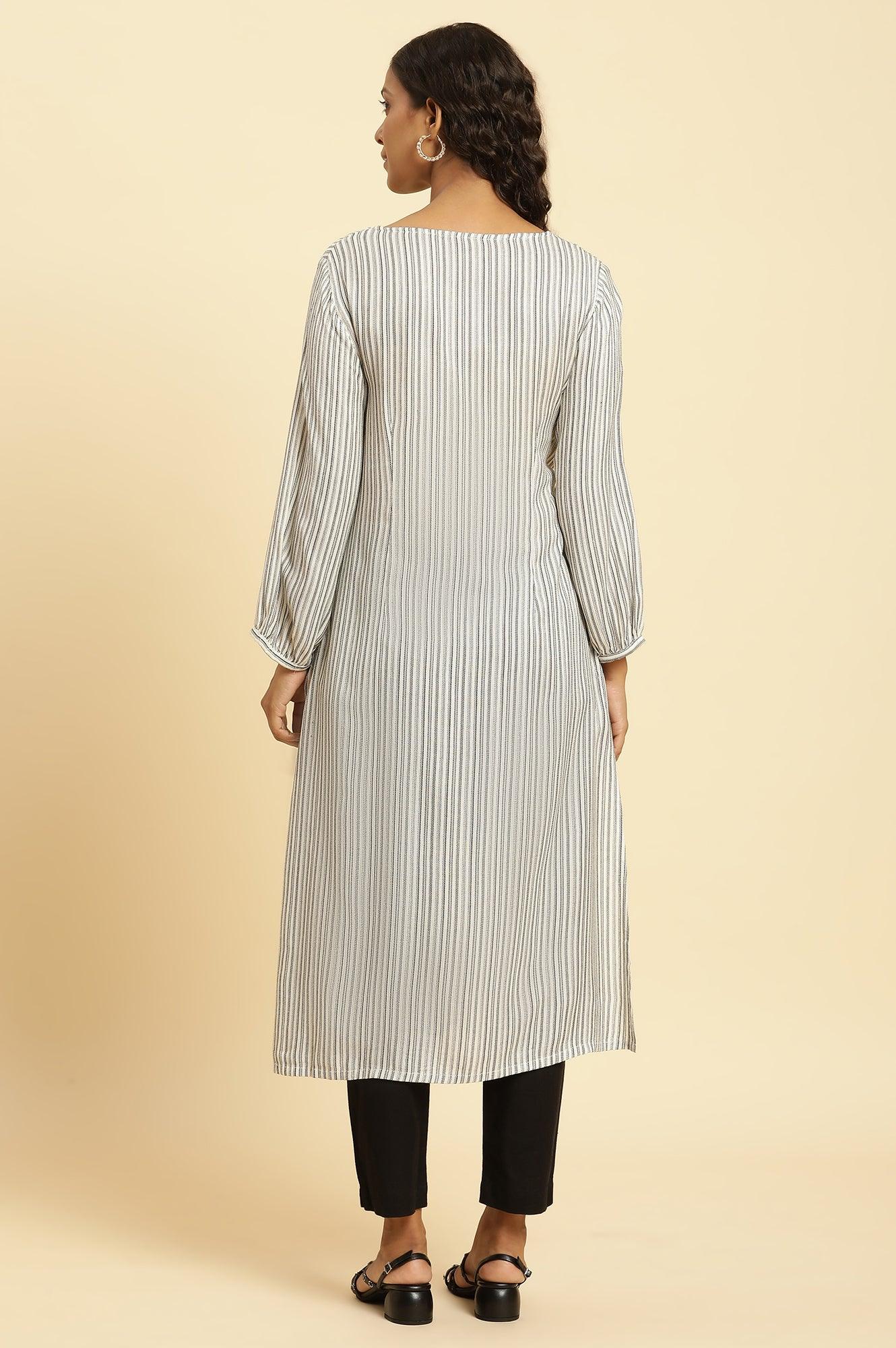 W for Woman White and Black Striped Schiffli Embroidered Straight Kurta