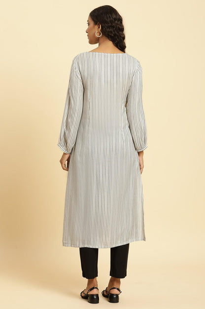 W for Woman White and Black Striped Schiffli Embroidered Straight Kurta