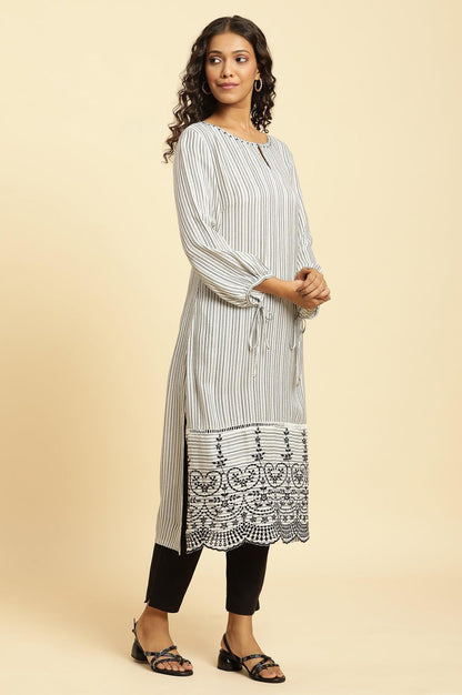 W for Woman White and Black Striped Schiffli Embroidered Straight Kurta