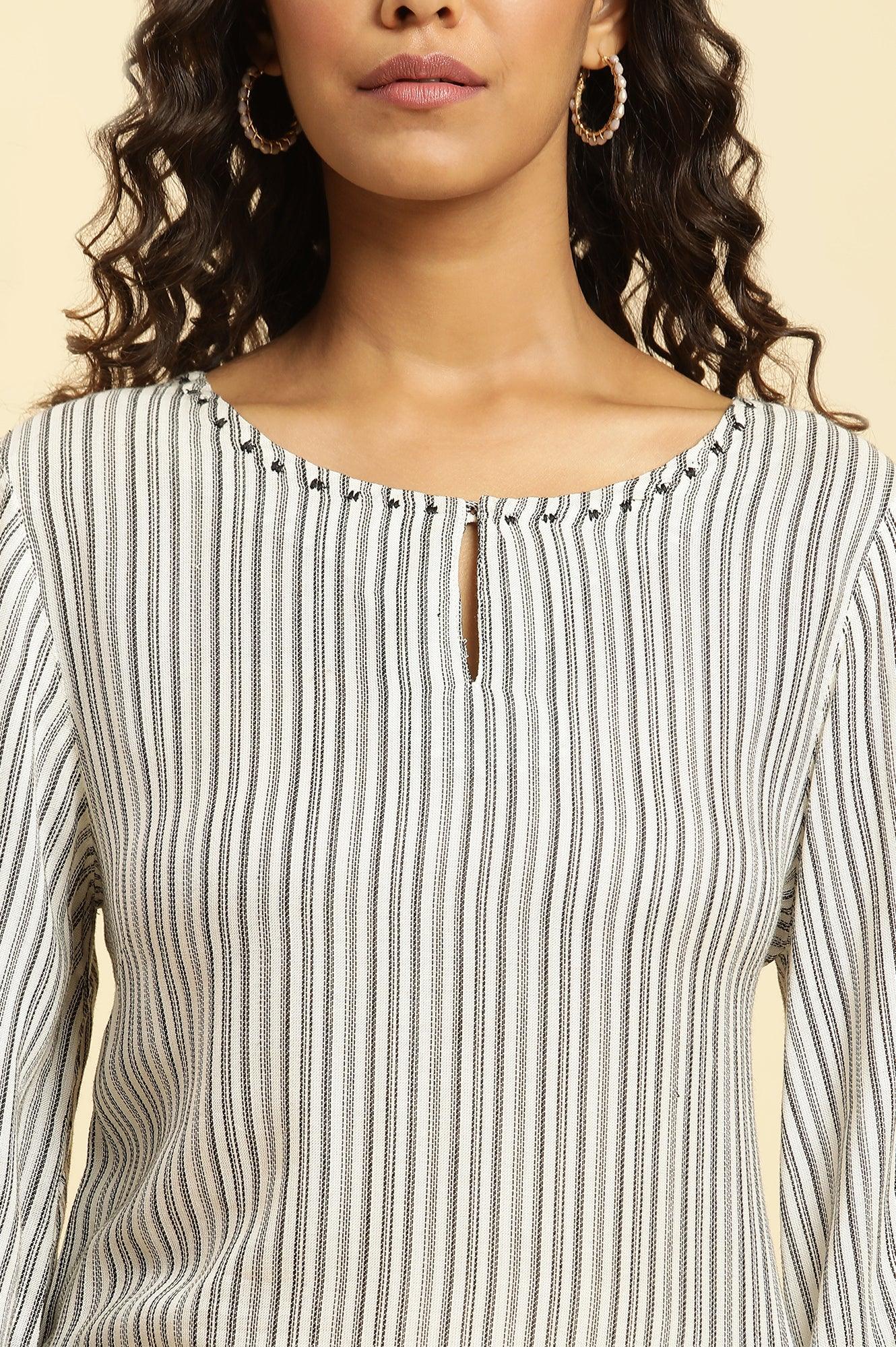 W for Woman White and Black Striped Schiffli Embroidered Straight Kurta