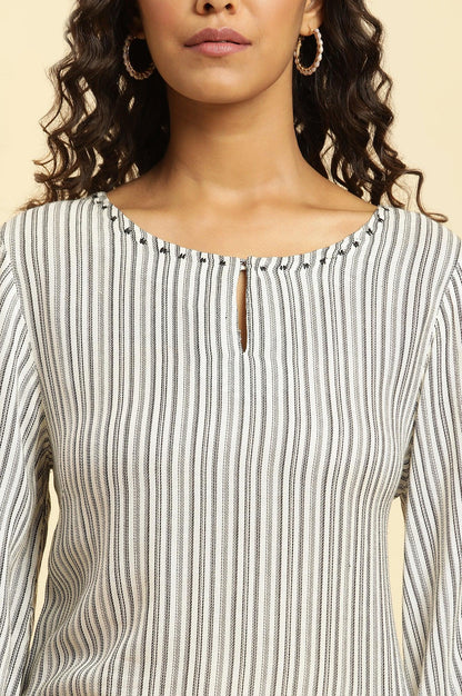 W for Woman White and Black Striped Schiffli Embroidered Straight Kurta