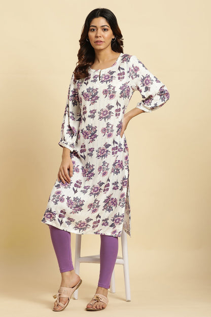 W for Woman Ecru Relaxed Fit Straight Kurta with Purple Floral Print