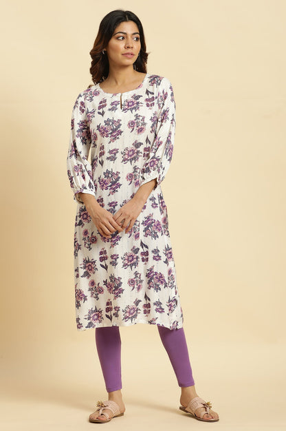 W for Woman Ecru Relaxed Fit Straight Kurta with Purple Floral Print