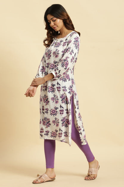 W for Woman Ecru Relaxed Fit Straight Kurta with Purple Floral Print