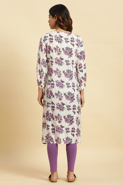 W for Woman Ecru Relaxed Fit Straight Kurta with Purple Floral Print