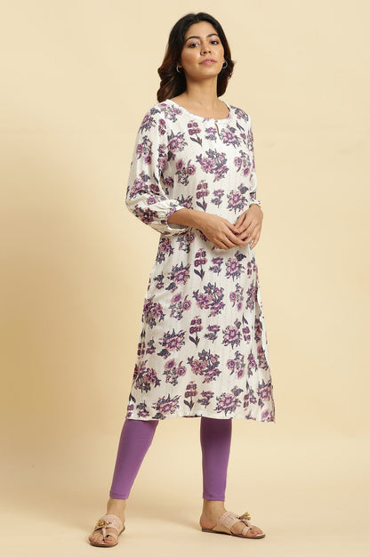 W for Woman Ecru Relaxed Fit Straight Kurta with Purple Floral Print