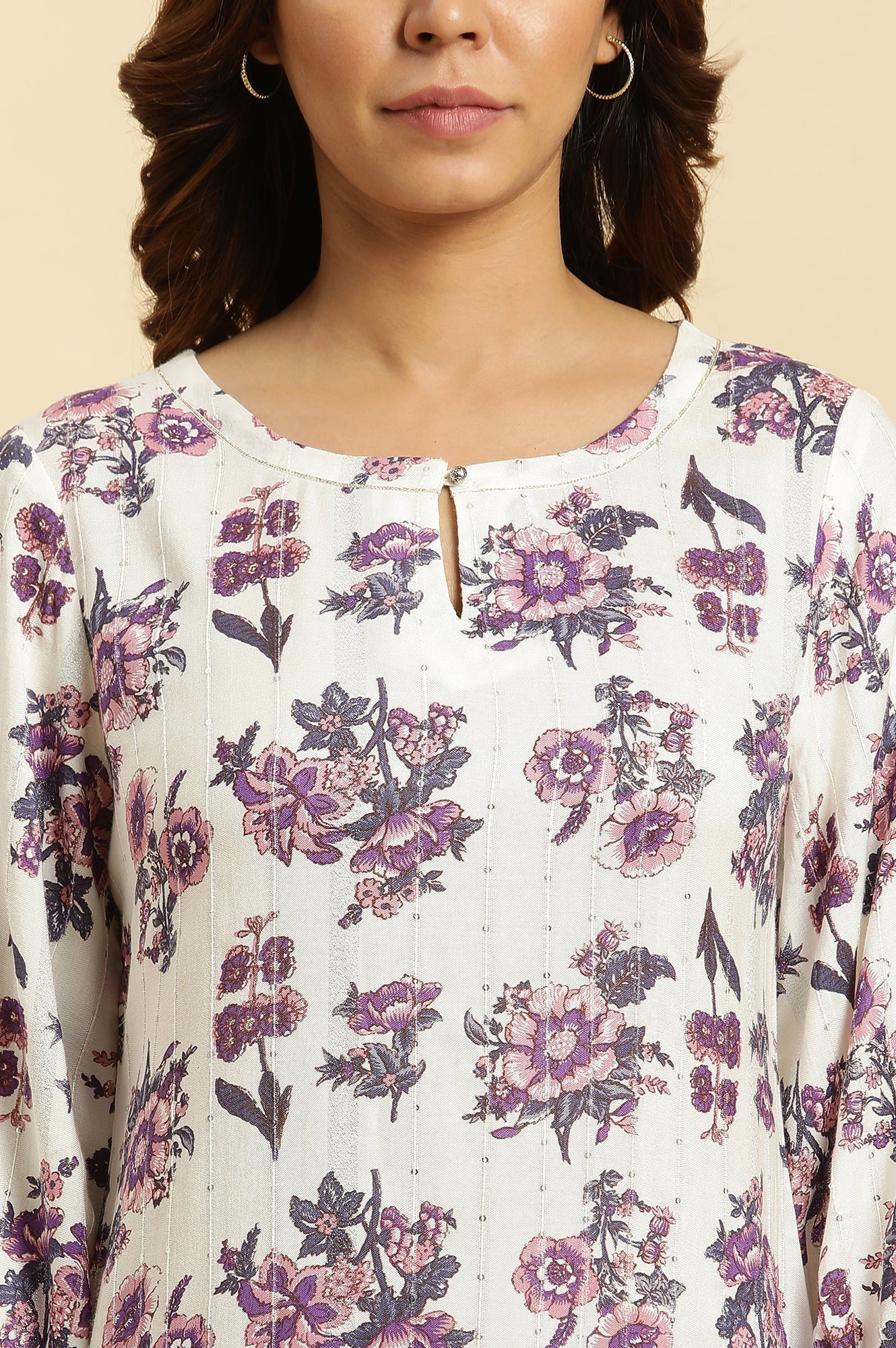 W for Woman Ecru Relaxed Fit Straight Kurta with Purple Floral Print