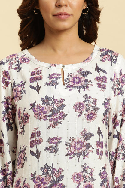 W for Woman Ecru Relaxed Fit Straight Kurta with Purple Floral Print